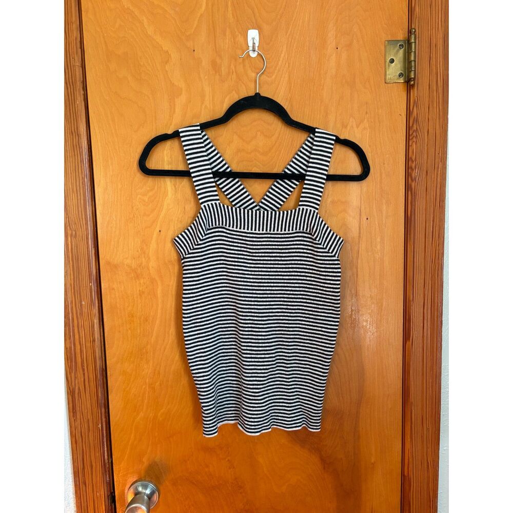 LOFT Striped Sweater Tank XS Black White Cross Back Fitted Stretch Knit Top
